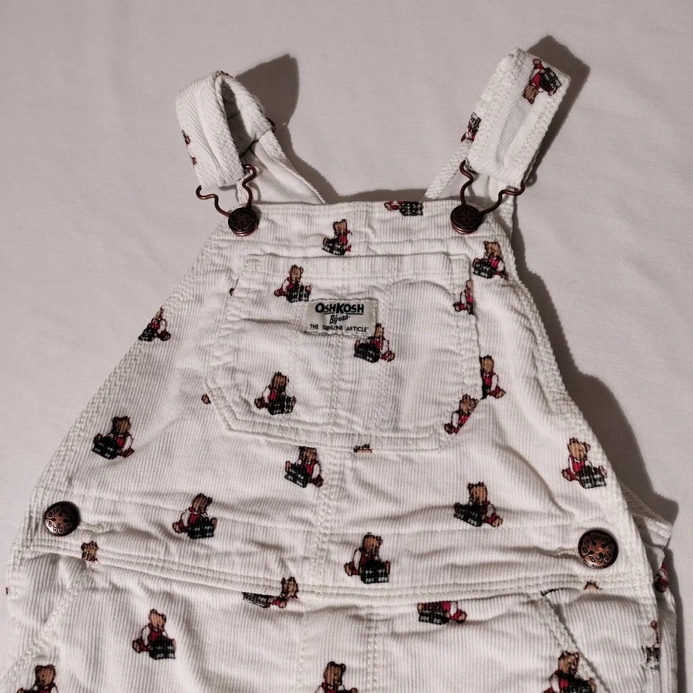 OshKosh B'gosh Kids White Corduroy Teddy Bear Vestbak Overalls 5T - Imperfect